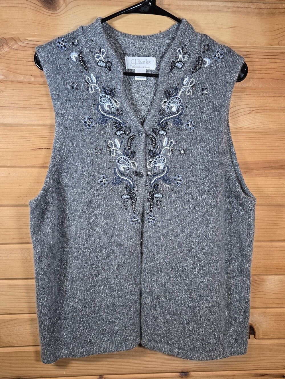 CJ Banks Embroidered Sweater Vest Silk Blend Women's 1X Gray Button Front Casual